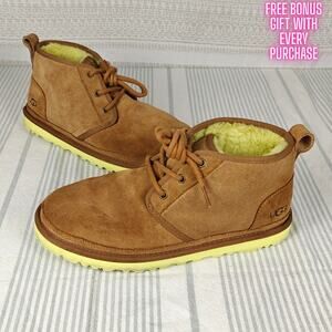 UGG Neumel Chestnut Suede Lace Up Boots Sunny Lime Sole Women’s 8